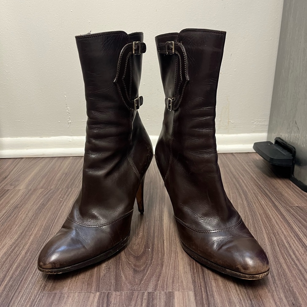 Oscar de la Renta 39.5 (8 8.5 9 US) Brown Leather Boots Luxury Brand Designer